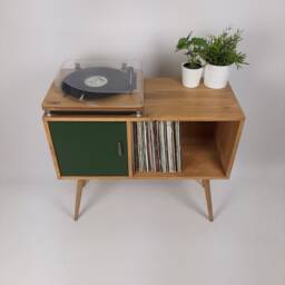 Oak Record Cabinet With Green Door - Mid-Century Modern Media Console - thumbnail 2