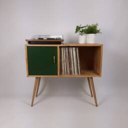 Oak Record Cabinet With Green Door - Mid-Century Modern Media Console - thumbnail 1