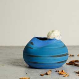 Blue Boho Chic Decorative Abstract Ceramic Vase, Modern Amorphic Striped Flower Handmade Unique Round Pottery Planter Pot - thumbnail 2