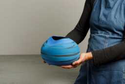 Blue Boho Chic Decorative Abstract Ceramic Vase, Modern Amorphic Striped Flower Handmade Unique Round Pottery Planter Pot - thumbnail 1