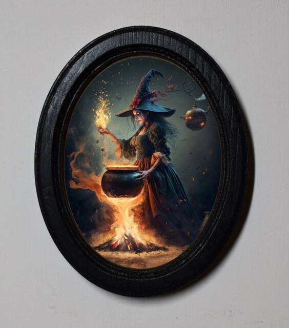 Halloween Black Oval Wooden Framed Picture Wall Hanging Gothic Style Cauldron Bubble - image 1