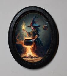 Halloween Black Oval Wooden Framed Picture Wall Hanging Gothic Style Cauldron Bubble - thumbnail 1