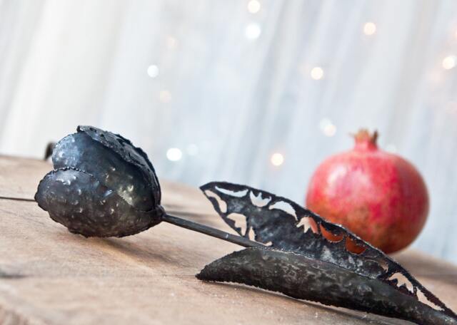Metal Flower Unusual Sculpture Tulip With Lace Made Of Bleck Iron. Whimsical 6Th Iron Anniversary Gift By Thesteelstylethings - image 1