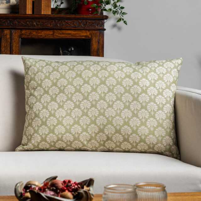 Wildflower Xl Rectangular Cushion in Soft Green. Block-Print Floral, Blossoms & Botanical Design, Multicoloured. 23X15 - image 1