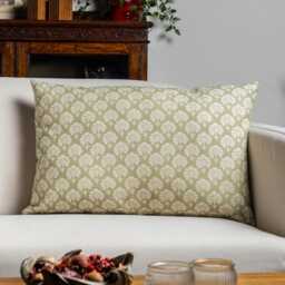 Wildflower Xl Rectangular Cushion in Soft Green. Block-Print Floral, Blossoms & Botanical Design, Multicoloured. 23X15