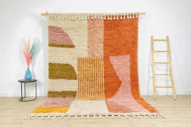 Orange & Pink Geometric Moroccan Rug, Style Shag Berber Hand Knotted Wool Carpet - image 1