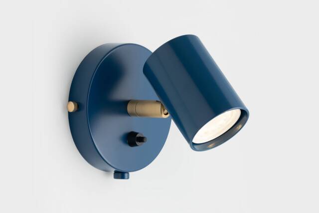 Lea Wall Sconce Navy Blue On/Off Switch Mid Century Modern Bedside Lamp Raw Brass - image 1