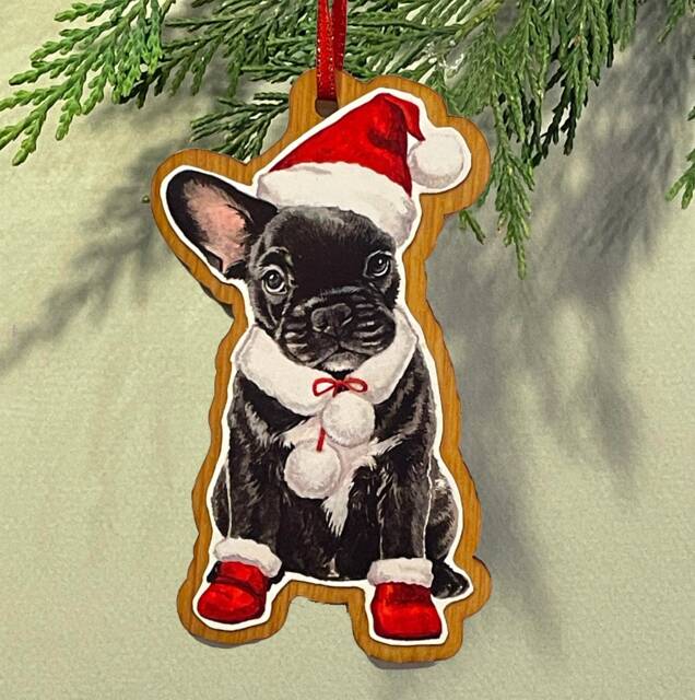 Black French Bulldog, Christmas Ornament, Bulldog Gift, Wood Tree Handmade, Watercolor Art, Dog Ornament, French Gift - image 1