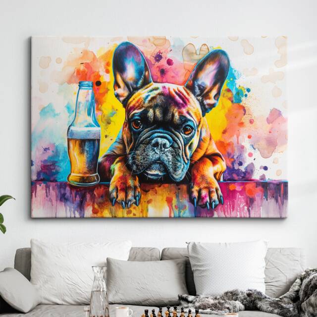 French Bulldog Beer Glass Painting Framed Poster Print & Canvas Wall Decor Art Bar Kitchen Room Dog Gift Idea Pet - image 1