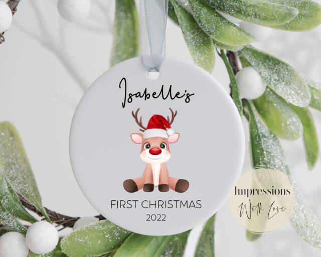 Baby's First Christmas Personalised Ornament, 1st Bauble, Keepsake Decoration, Ceramic New Baby Gift, Reindeer