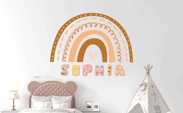 Rainbow Wall Decal , Personalised Boho Sticker Name Bedroom Nursery Sign Playroom Decor Girls Boys Room - image 1