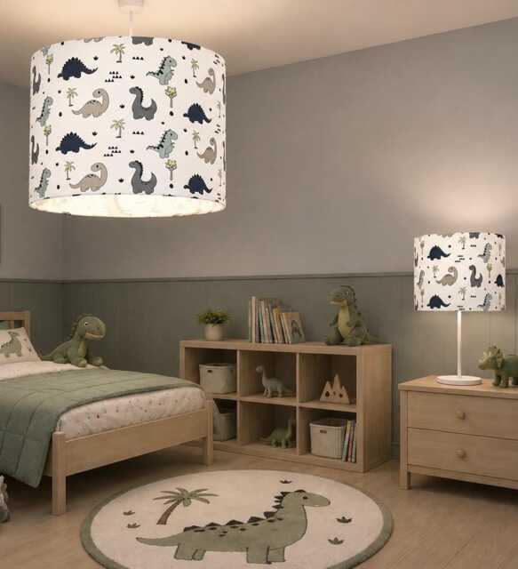 New Handmade Hq Kids/Childern Room Dinosaur Pattern With Trees Drum Shape Lamp Shade Pendant White Clean Fabric - image 1