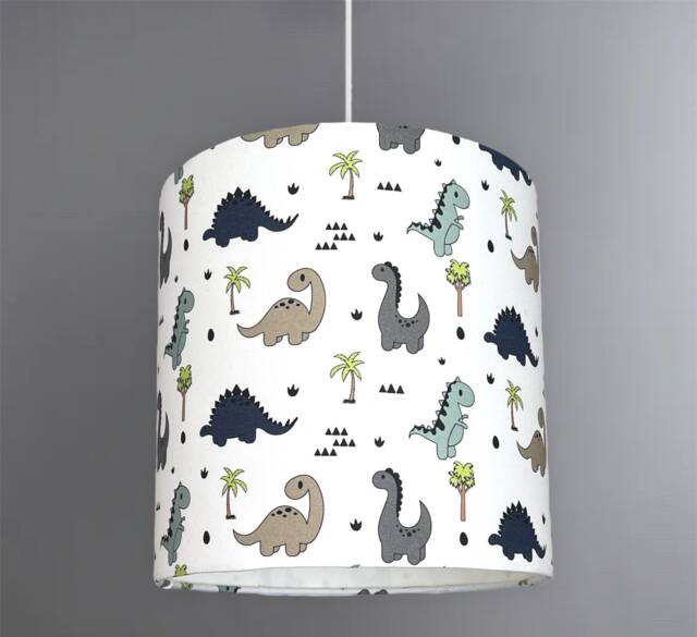 New Hq Kids Room Dinosaur Print With Trees Pattern Lamp Shade Pendant White Clean Fabric - image 1