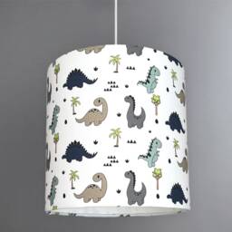 New Handmade Hq Kids/Childern Room Dinosaur Pattern With Trees Drum Shape Lamp Shade Pendant White Clean Fabric - thumbnail 2