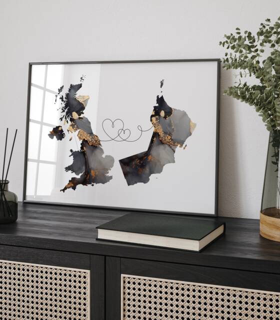 Britain & Oman Map Black & Gold Travel Wall Art Print - United Kingdom UK - image 1