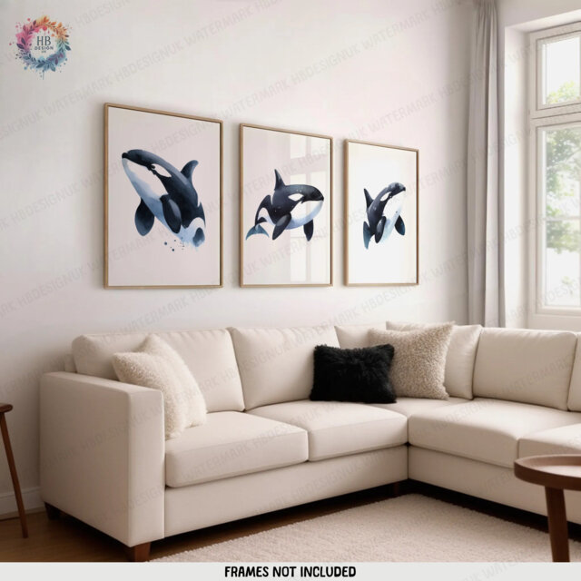Orca Whale Print Set - 3 Watercolour Designs - Orcas Wall Art Beach House Decor Killer Whales Gift Modern Illustration Artwork - image 1