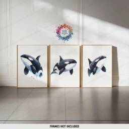 Orca Whale Print Set - 3 Watercolour Designs - Orcas Wall Art Beach House Decor Killer Whales Gift Modern Illustration Artwork - thumbnail 2