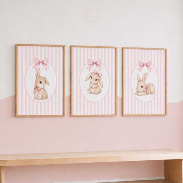 Bunny Bow Print Set - Pink Girls Nursery Decor, Rabbit Girl Bedroom Wall Art - image 1