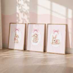 Bunny Bow Print Set - Pink Girls Nursery Decor, Rabbit Girl Bedroom Wall Art - thumbnail 3