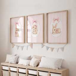 Bunny Bow Print Set - Pink Girls Nursery Decor, Rabbit Girl Bedroom Wall Art - thumbnail 2