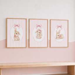 Bunny Bow Print Set - Pink Girls Nursery Decor, Rabbit Girl Bedroom Wall Art - thumbnail 1