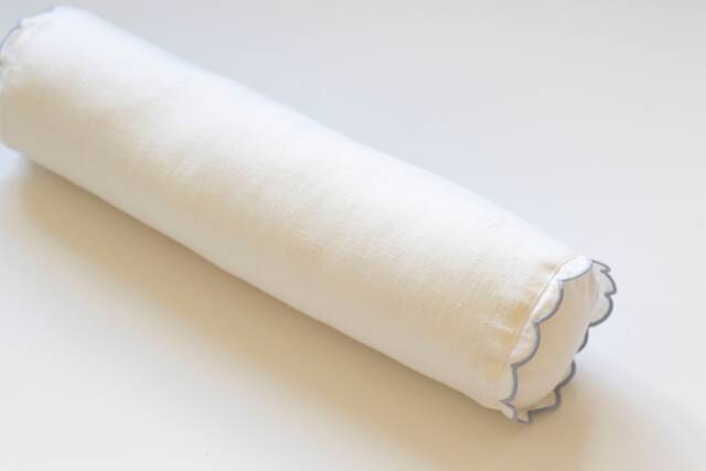 Snow White Linen Bolster Pillow Cover With Light Blue Scalloped Edges - 12x45cm - 4, 7x18 - image 1