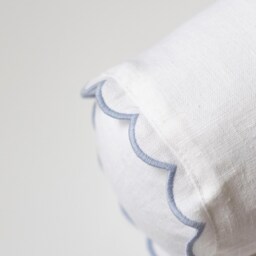 Snow White Linen Bolster Pillow Cover With Light Blue Scalloped Edges - 12x45cm - 4, 7x18 - thumbnail 3
