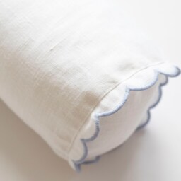 Snow White Linen Bolster Pillow Cover With Light Blue Scalloped Edges - 12x45cm - 4, 7x18 - thumbnail 2