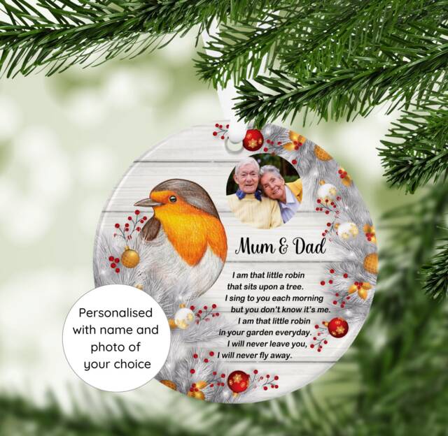 Personalised Robin Christmas Photo Bauble, I Am That Little Robin Personalised Tree Decoration - image 1