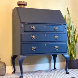 Upcycled Navy Blue Queen Anne Bureau Vintage Writing Desk - thumbnail 2