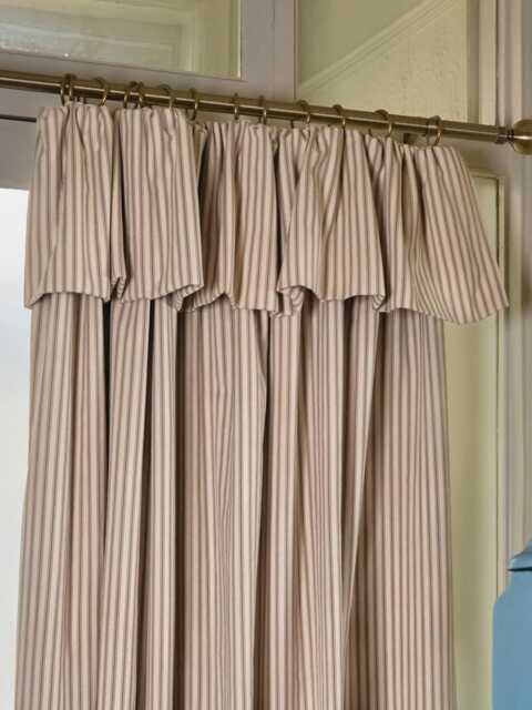 Neutral Ticking Stripe Door Curtain Blackout Lined With Ochre Linen Border - image 1