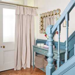 Neutral Ticking Stripe Door Curtain Blackout Lined With Ochre Linen Border - thumbnail 2