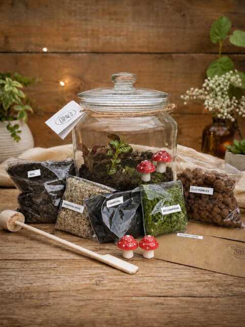 Complete Diy Mushroom Terrarium Kit Fittonia Plant, Glass Vase, Step-By-Step Instructions - image 1