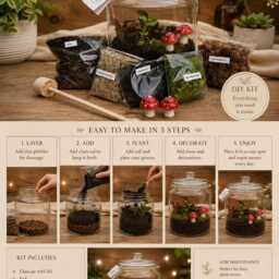 Complete Diy Mushroom Terrarium Kit Fittonia Plant, Glass Vase, Step-By-Step Instructions - thumbnail 2