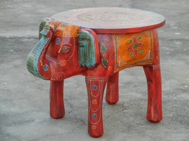 Wooden Elephant Stool - Handmade Hand Painted Side Table, Footstool, Ottoman, Pouffe & Bench Chair For Home Decor - image 1