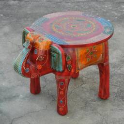 Wooden Elephant Stool - Handmade Hand Painted Side Table, Footstool, Ottoman, Pouffe & Bench Chair For Home Decor - thumbnail 2