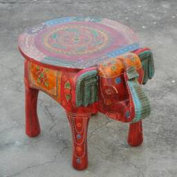 Wooden Elephant Stool - Handmade Hand Painted Side Table, Footstool, Ottoman, Pouffe & Bench Chair For Home Decor - thumbnail 4