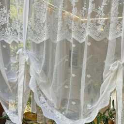White Floral Tie Up Curtain, Romantic Adjustable Sheer Curtains For Kitchen - thumbnail 2
