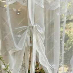 White Floral Tie Up Curtain, Romantic Adjustable Sheer Curtains For Kitchen - thumbnail 3