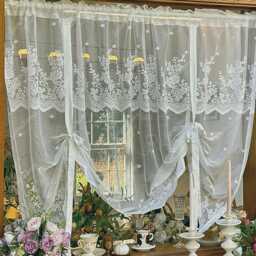 White Floral Tie Up Curtain, Romantic Adjustable Sheer Curtains For Kitchen - thumbnail 1