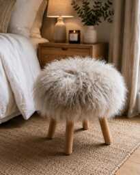 Sheepskin Fur Footstool With 100% Genuine Mongolian Dove Gray Handmade Lamb Stool