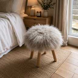 Sheepskin Fur Footstool With 100% Genuine Mongolian Dove Gray Handmade Lamb Stool - thumbnail 2