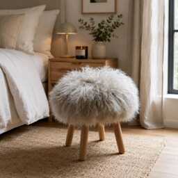 Sheepskin Fur Footstool With 100% Genuine Mongolian Dove Gray Handmade Lamb Stool - thumbnail 3
