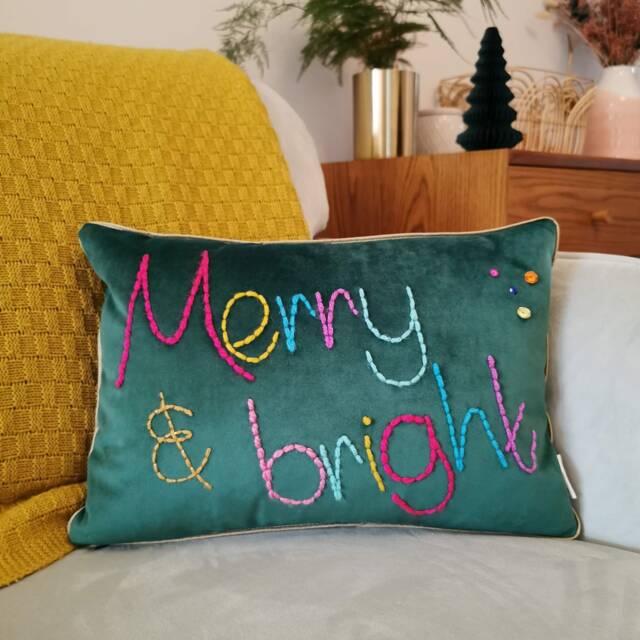 Merry & Bright Embroidered Velvet Christmas Cushion - image 1