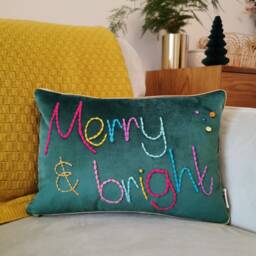 Merry & Bright Embroidered Velvet Christmas Cushion - thumbnail 3