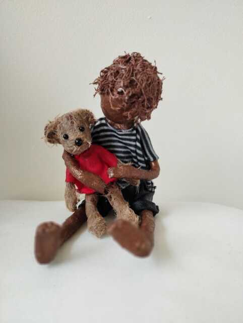 Paverpol Boy With Teddy Bear Sculpture Handmade Mixed Media Art. Available - image 1