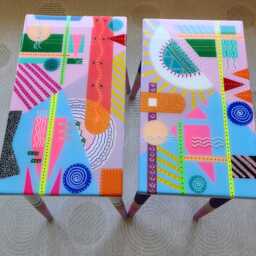 Pink Abstract Cool Colorful Side Epoxy Resin Tables, Unusual Funky Coffee Multicolor Eclectic Neon, Painted Leg Boho Cute Art Tables - thumbnail 3