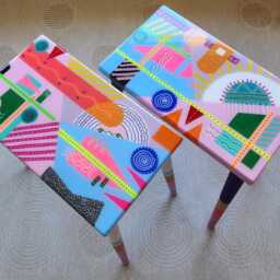Pink Abstract Cool Colorful Side Epoxy Resin Tables, Unusual Funky Coffee Multicolor Eclectic Neon, Painted Leg Boho Cute Art Tables - thumbnail 2
