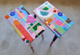Pink Abstract Epoxy Resin Side Tables, Colorful Boho Art Tables