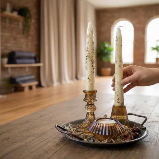 Amber Glass Candle Set Of 3 With Vegan Candles Warm Honey Taper & Tealight Holders Cosy Autumn Decor Housewarming Offering Altar Gift - image 1